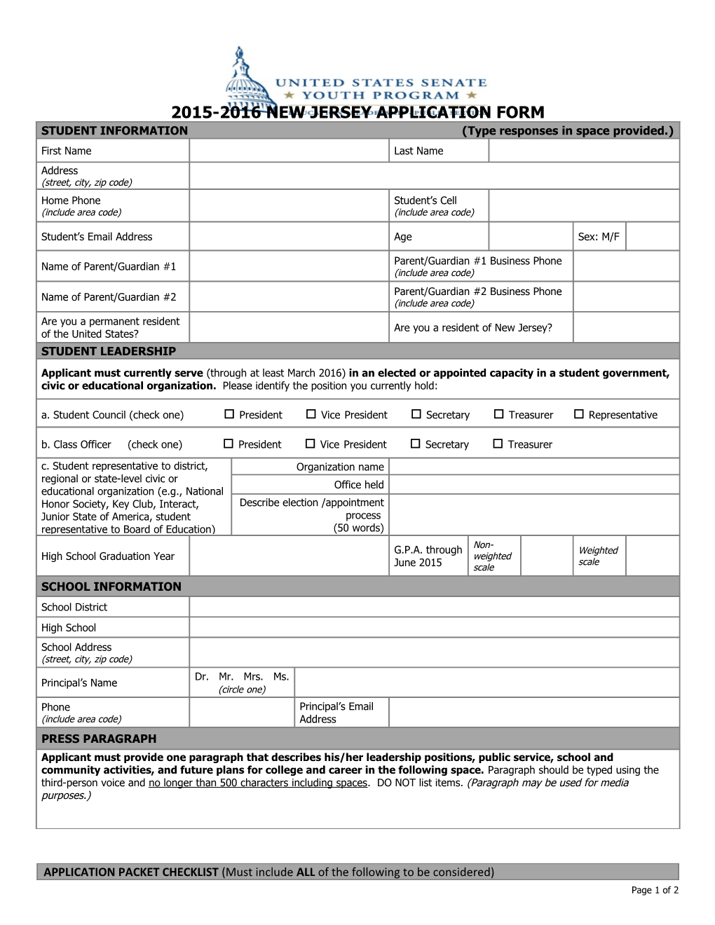 2015-2016 New Jersey Application Form