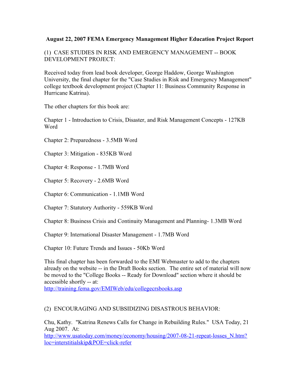 August 22, 2007 FEMA Emergency Management Higher Education Project Report