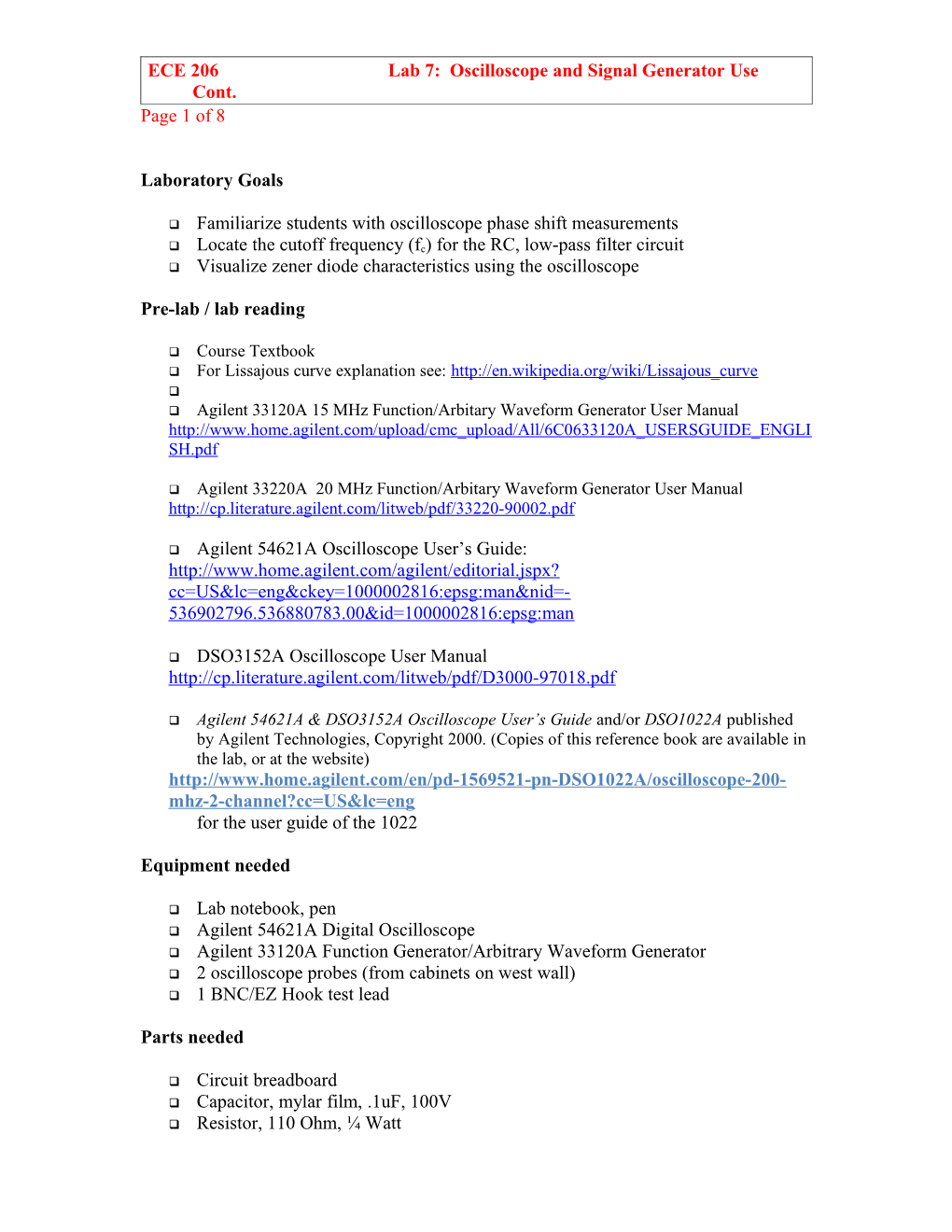 ECE 206 Lab 7: Oscilloscope and Signal Generator Use Cont