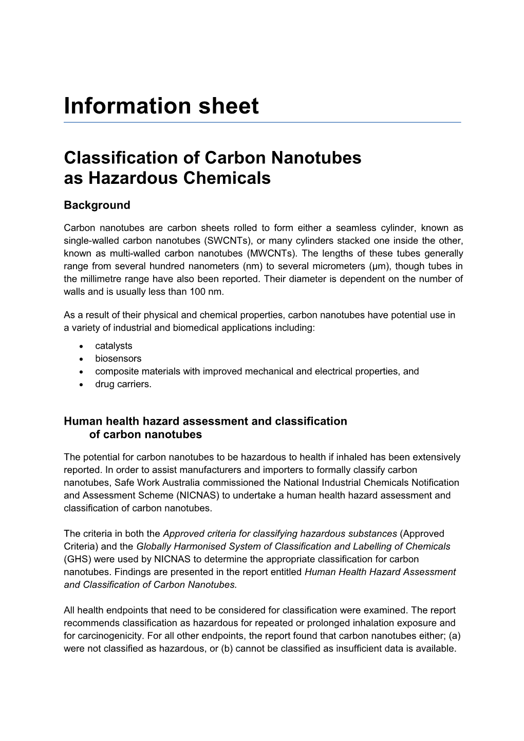 Classification of Carbon Nanotubes As Hazardous Chemicals