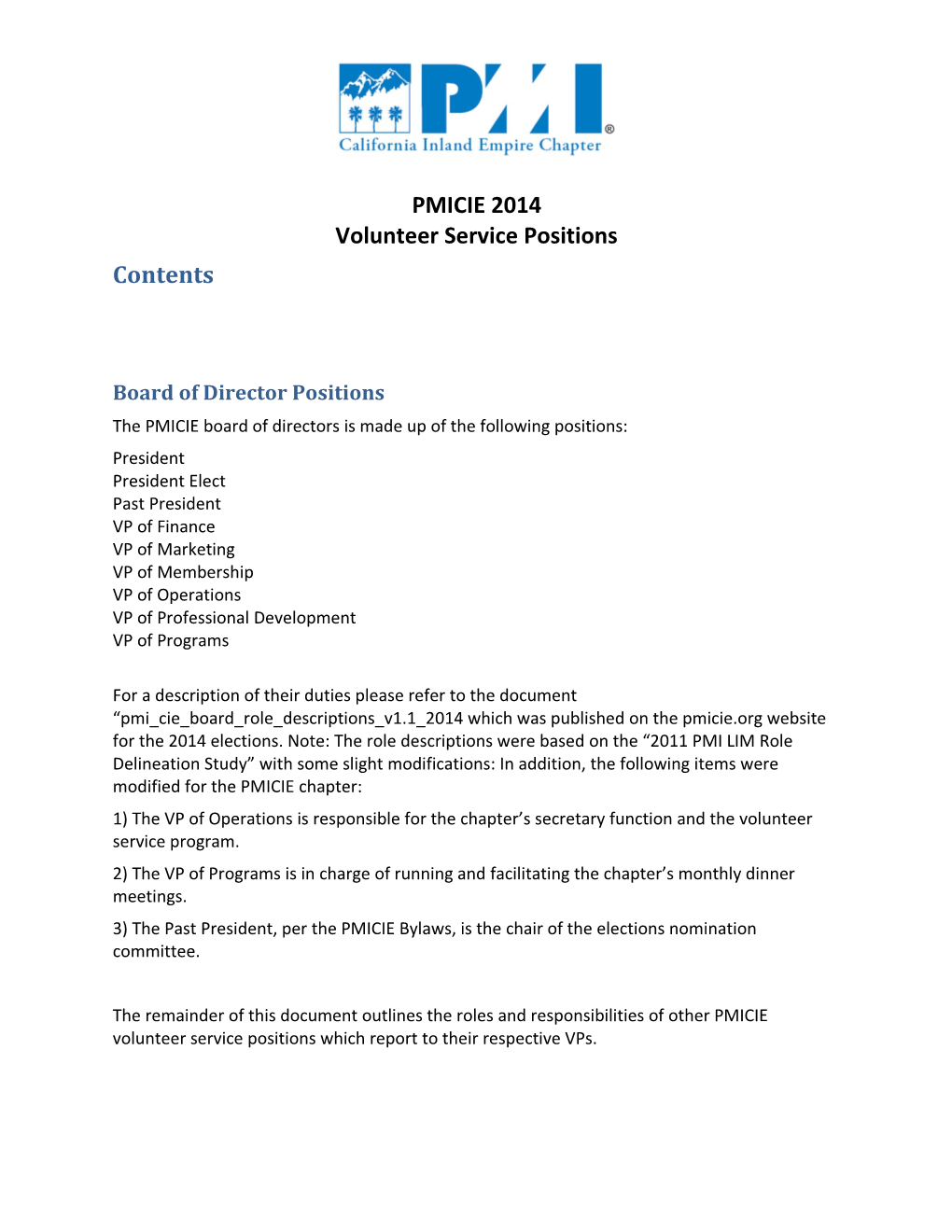 Volunteer Service Positions 2014