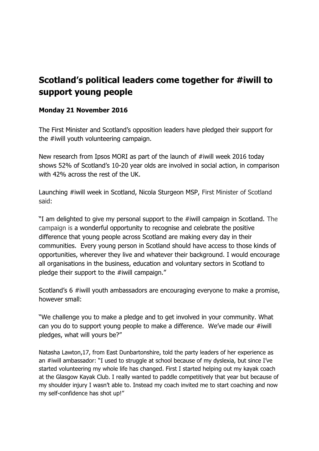 Scotland S Political Leaders Come Together for #Iwill to Support Young People