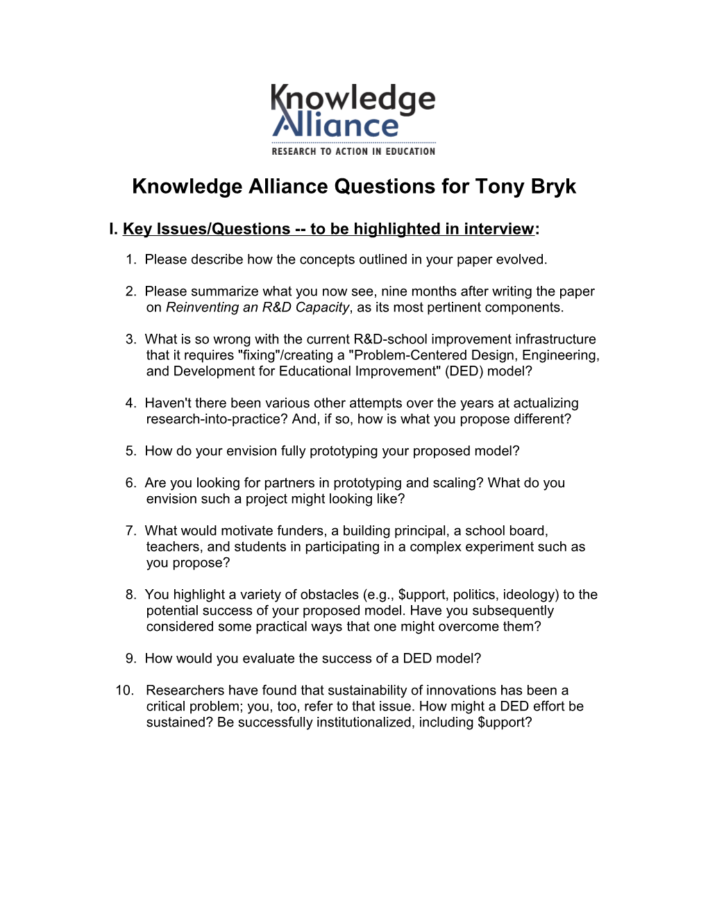 Knowledge Alliance Questions for Tony Bryk