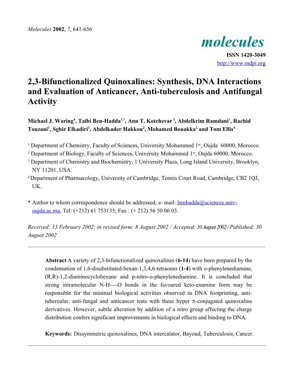 2,3-Bifunctionalized Quinoxalines: Synthesis, DNA Interactions and Evaluation of Anticancer