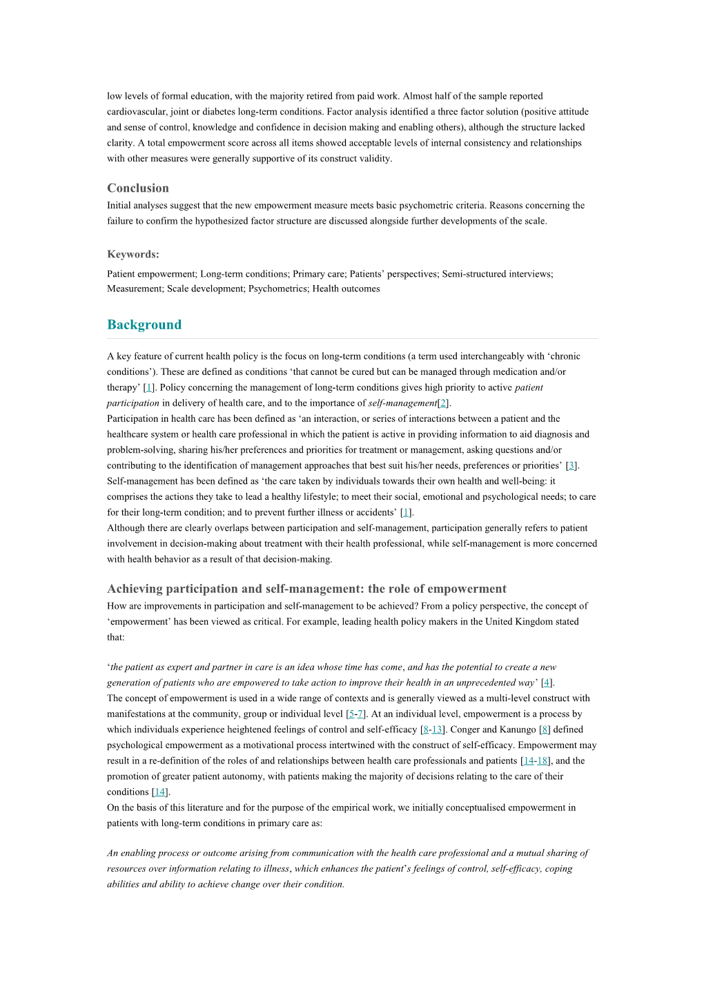 The Development of the Equip (Empowerment Questionnaire for In-Patients): a New Questionnaire