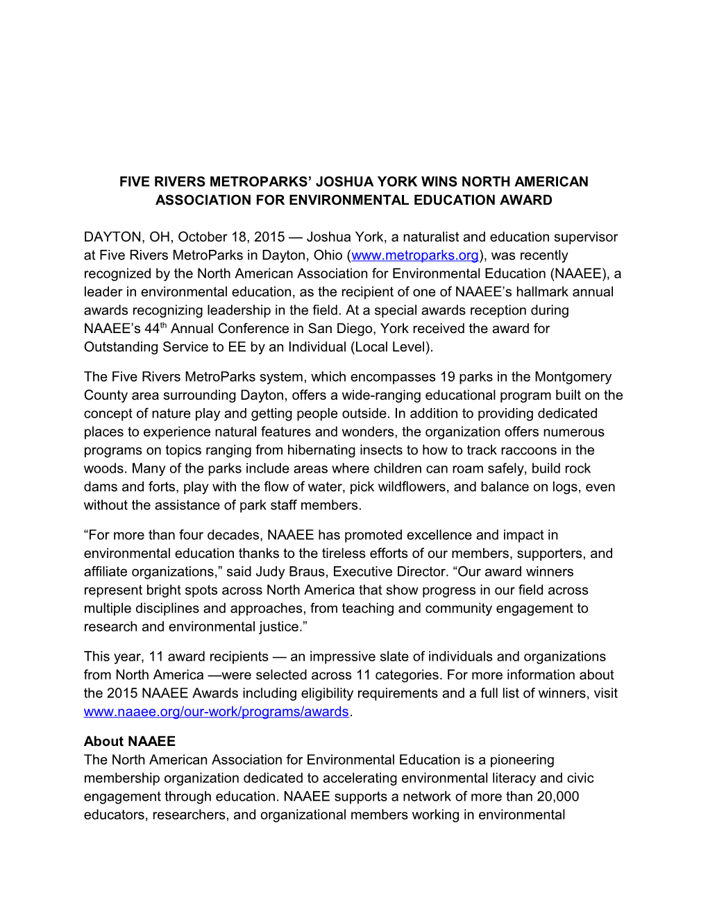 Five Rivers Metroparks Joshua York Wins North American Association for Environmental Education