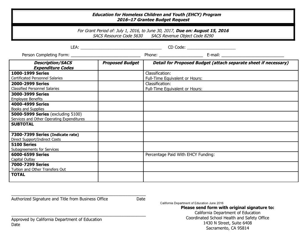 2016-17 Grantee Budget Request - Homeless Education (CA Dept of Education)