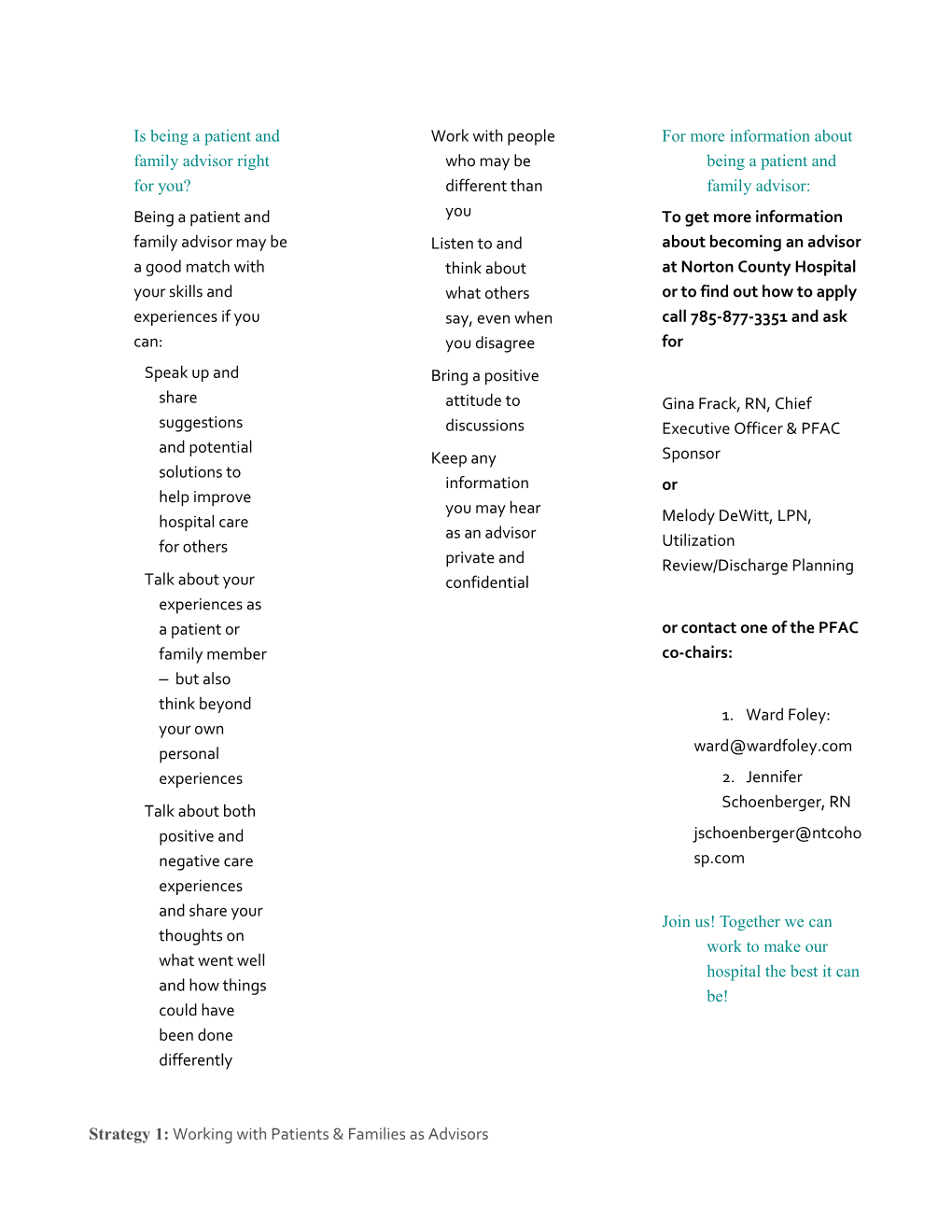 Strategy 1: Working with Patients & Families As Advisors (Tool 1)