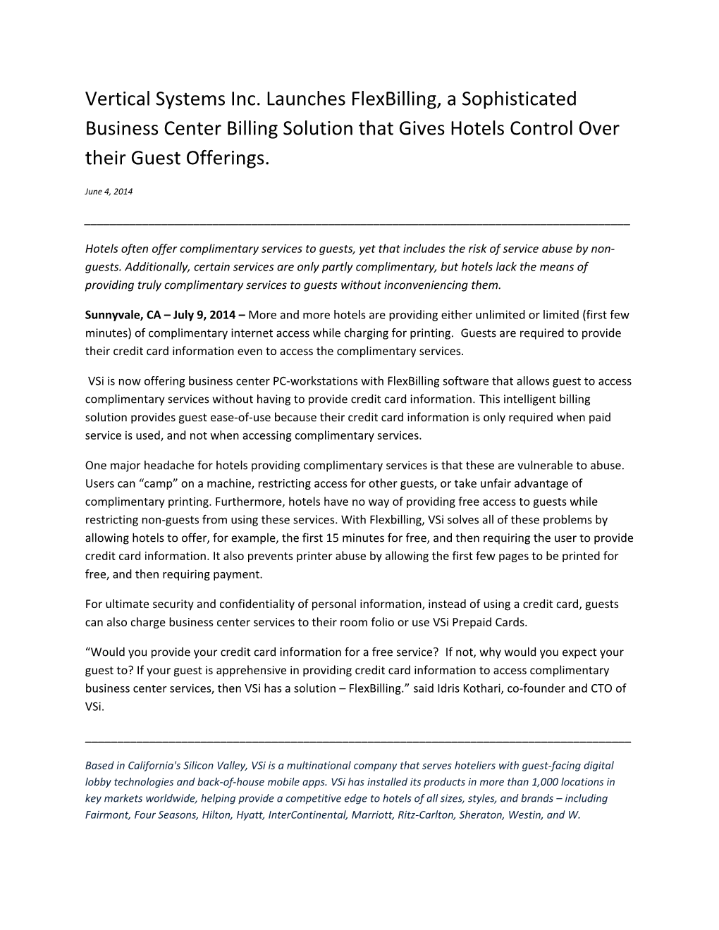 Vertical Systems Inc. Launches Flexbilling, a Sophisticated Business Center Billing Solution