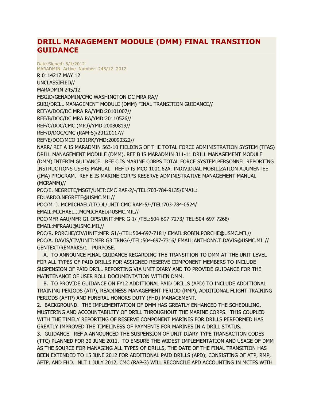 Drill Management Module (Dmm) Final Transition Guidance