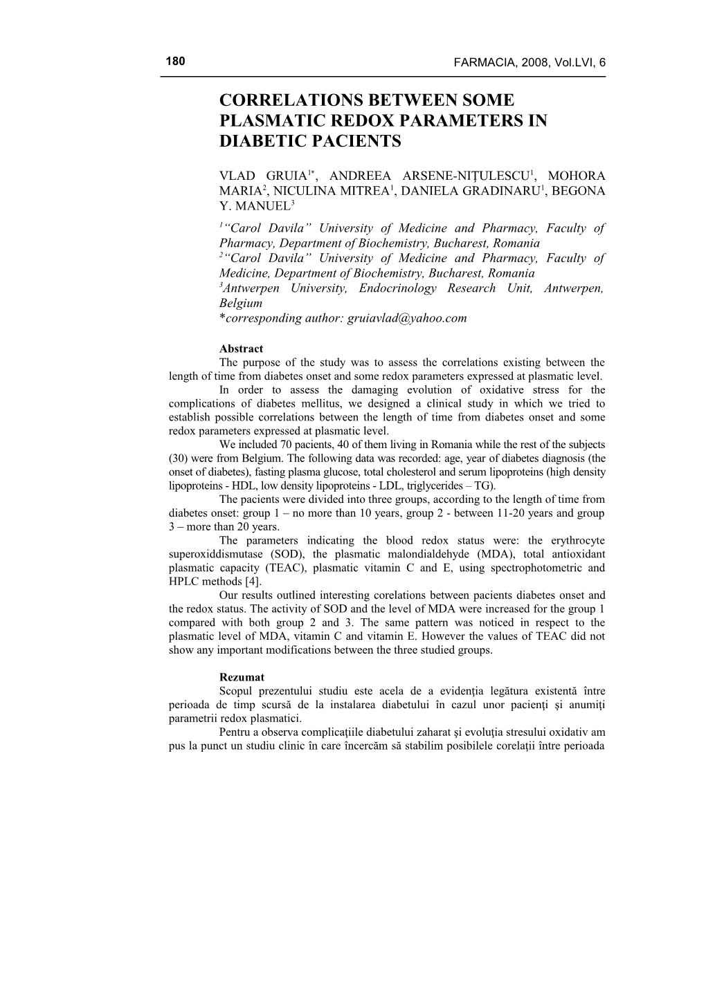 Correlations Between Some Plasmatic Redox Parameters in Diabetic Pacients