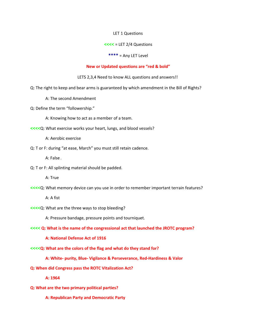 New Or Updated Questions Are Red & Bold