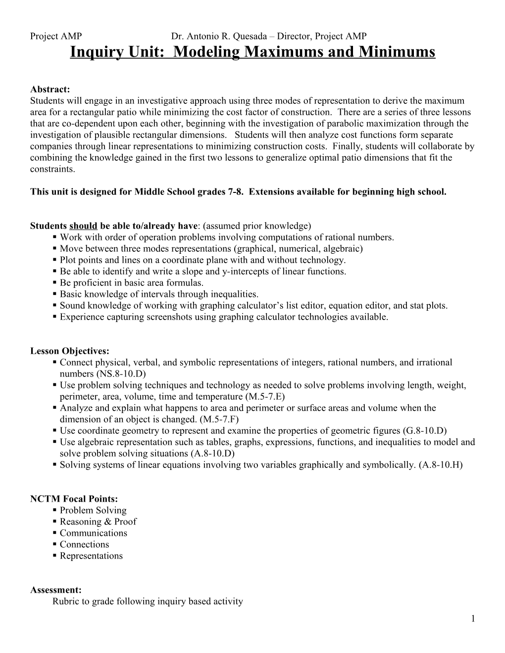 Inquiry Unit: Modeling Maximums and Minimums