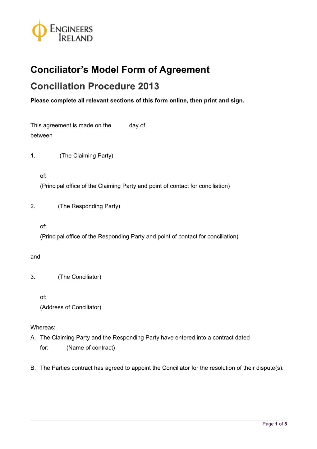 Conciliator S Model Form of Agreement