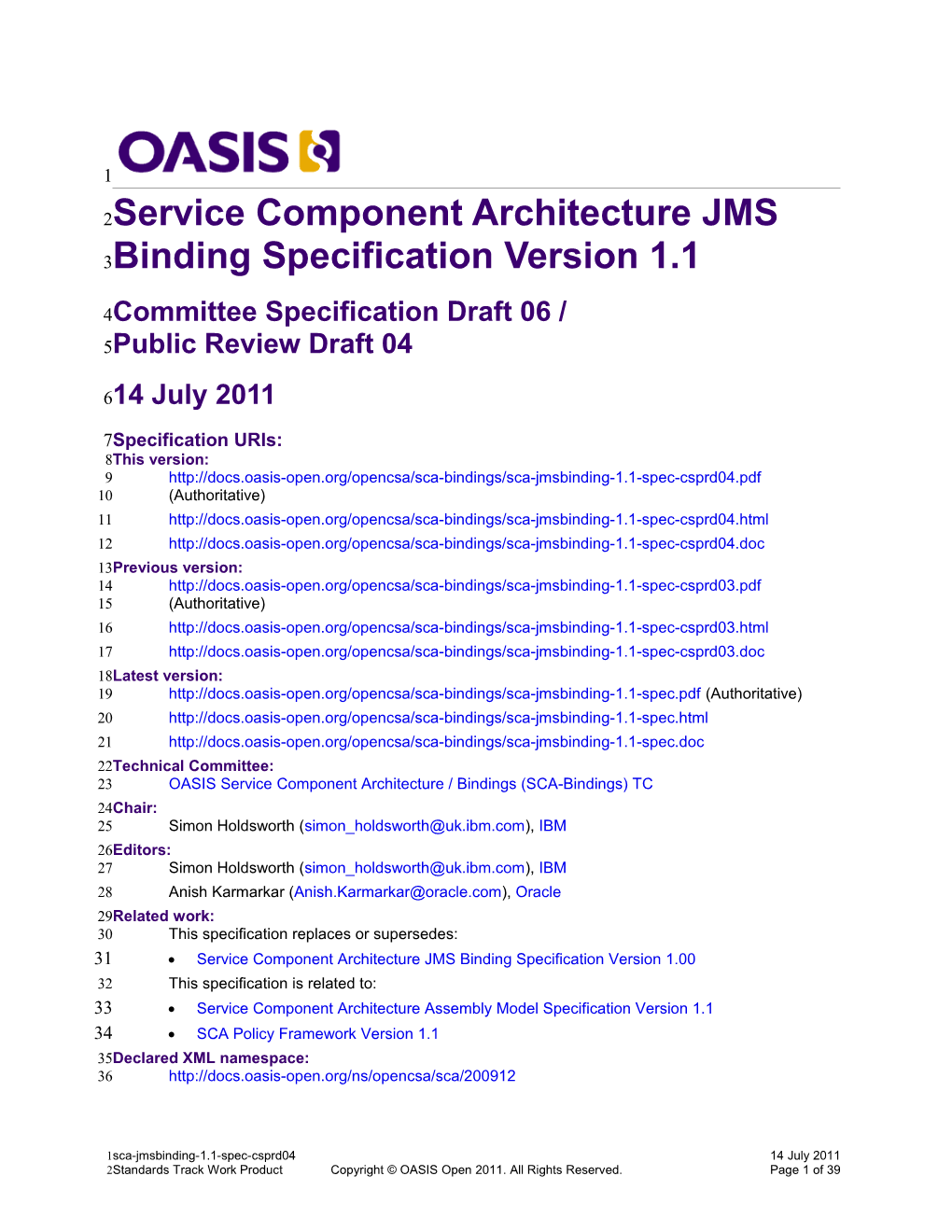 Service Component Architecture JMS Binding Specification Version 1.1