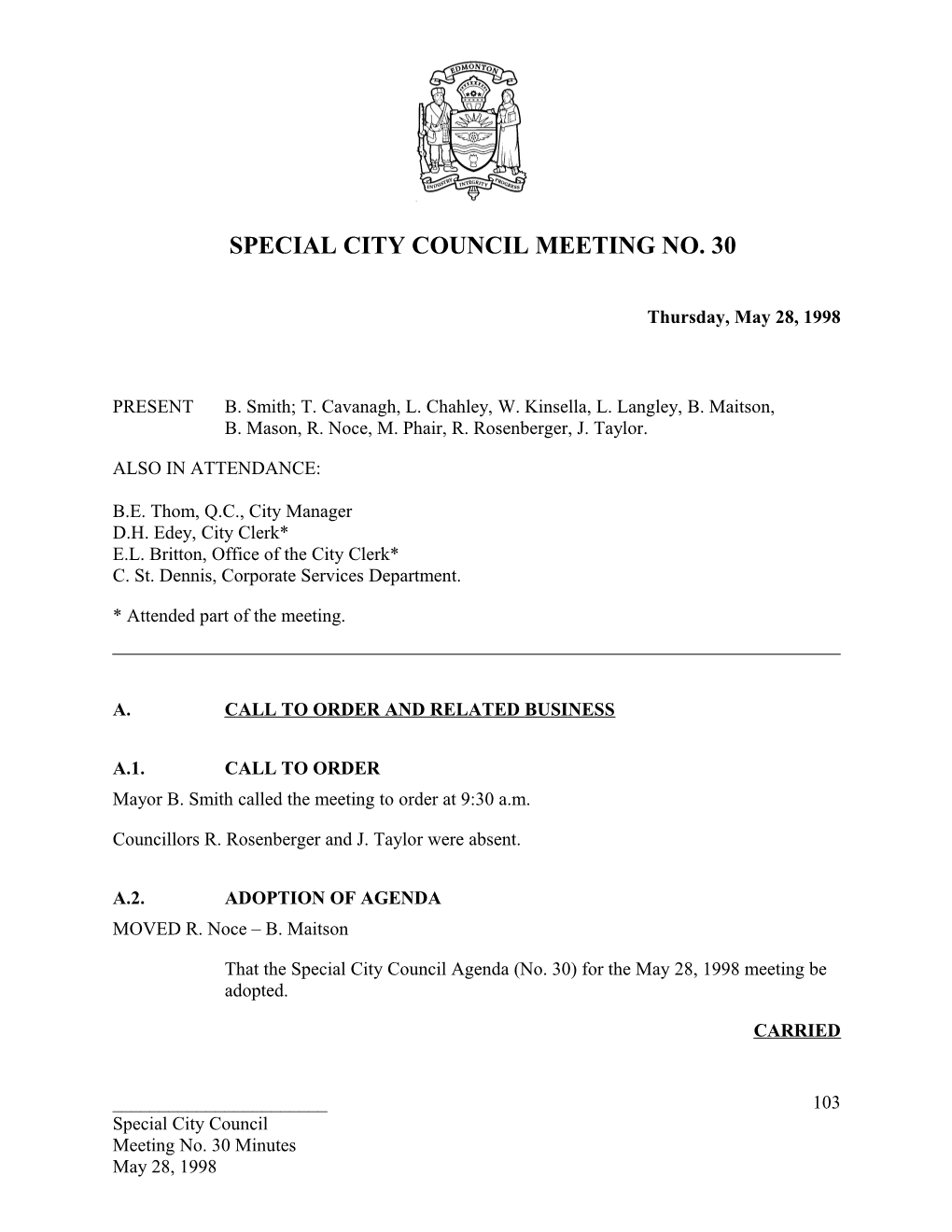 Minutes for City Council May 28, 1998 Meeting