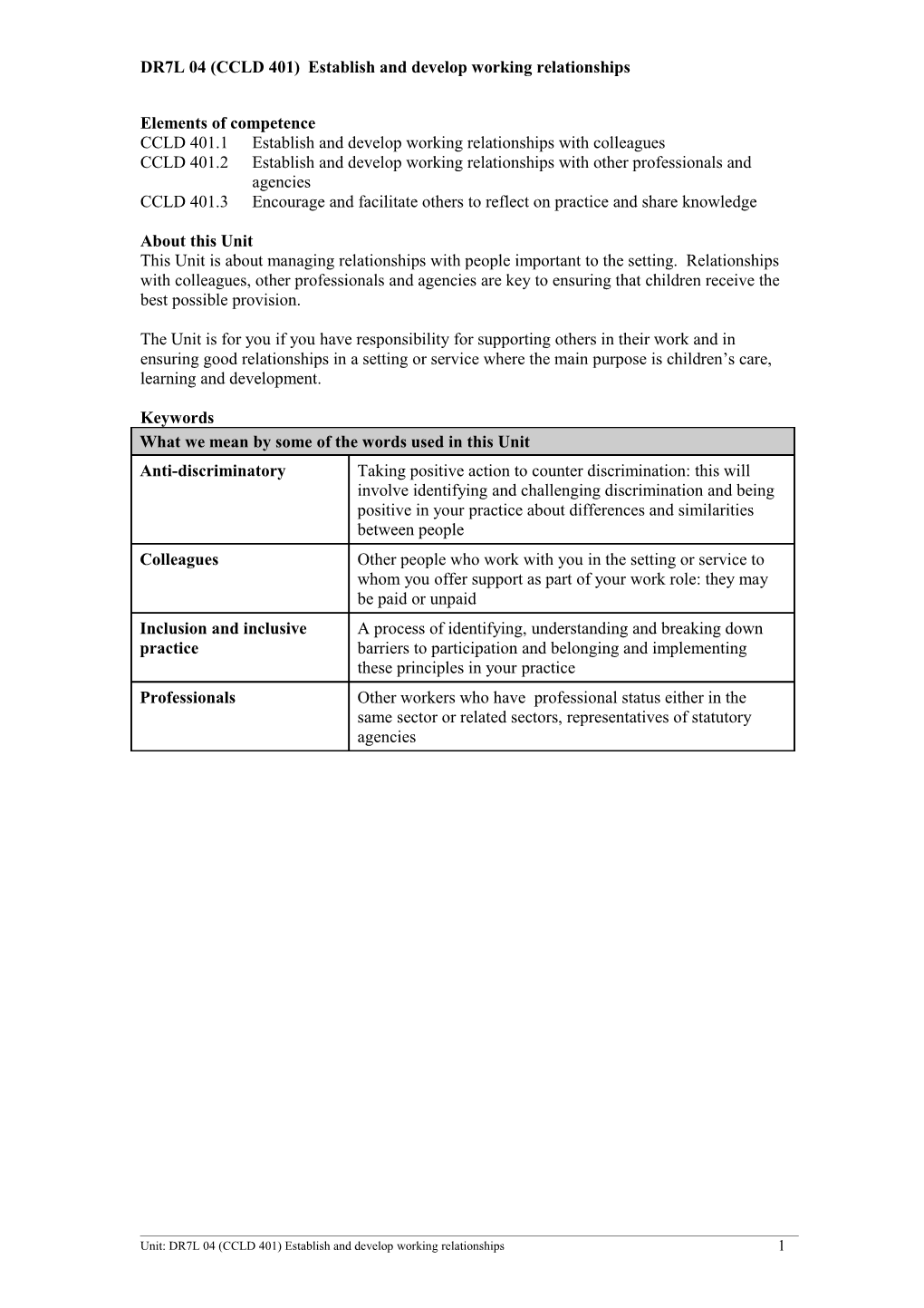 DR7L 04 (CCLD 401)Establish and Develop Working Relationships