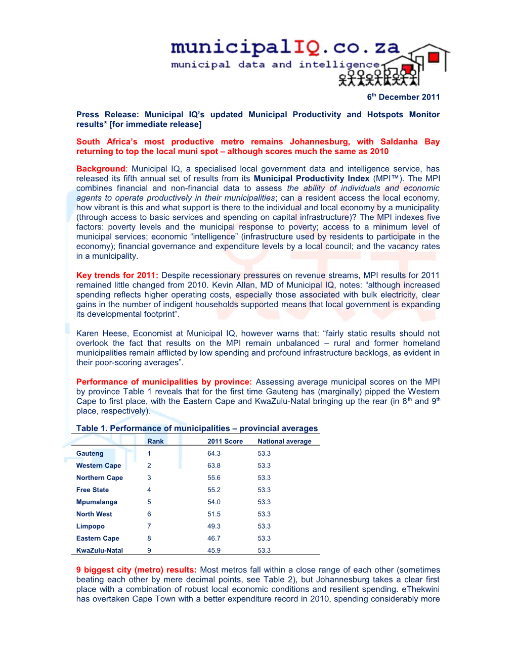 Press Release:Municipal IQ S Updated Municipal Productivity and Hotspots Monitor Results*