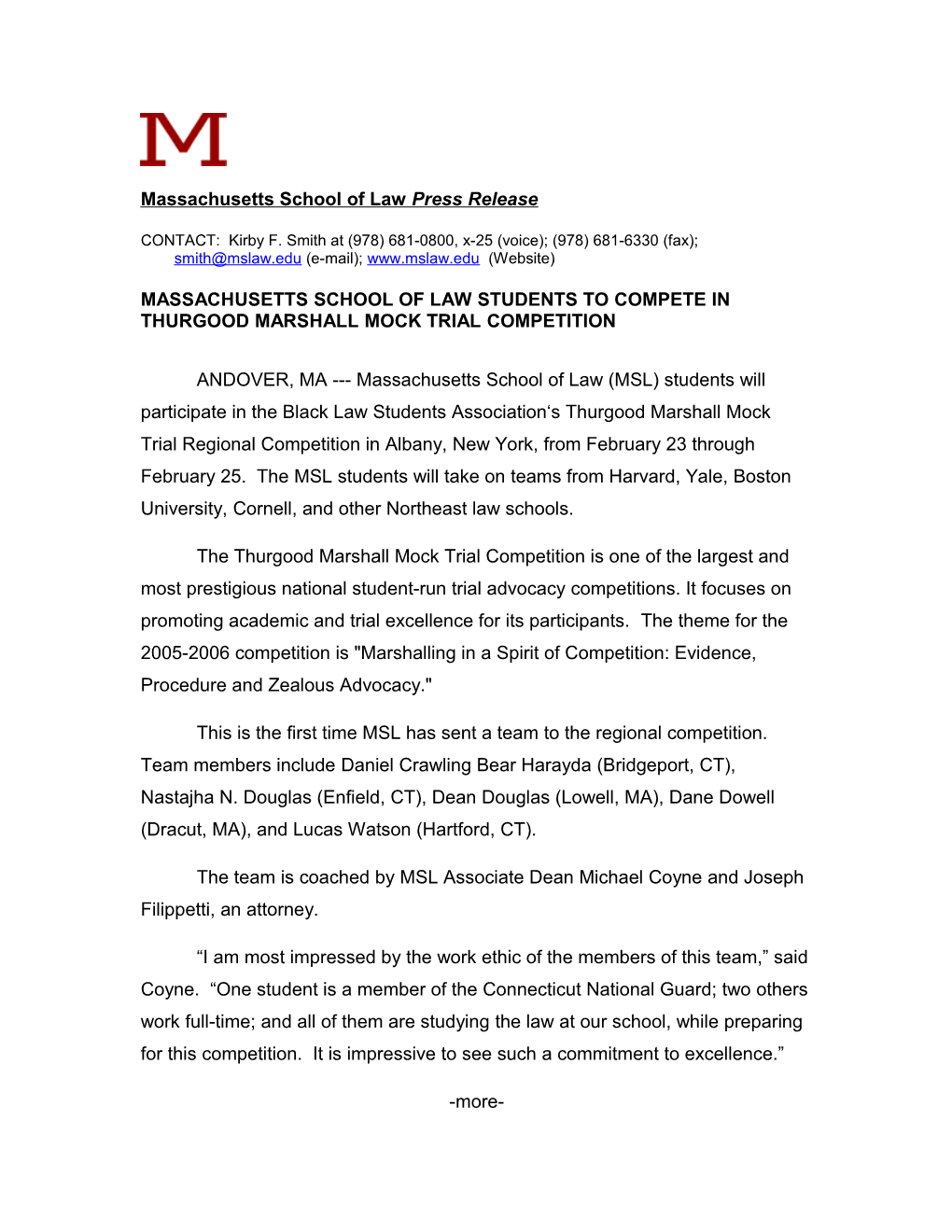 Massachusetts School of Law Press Release