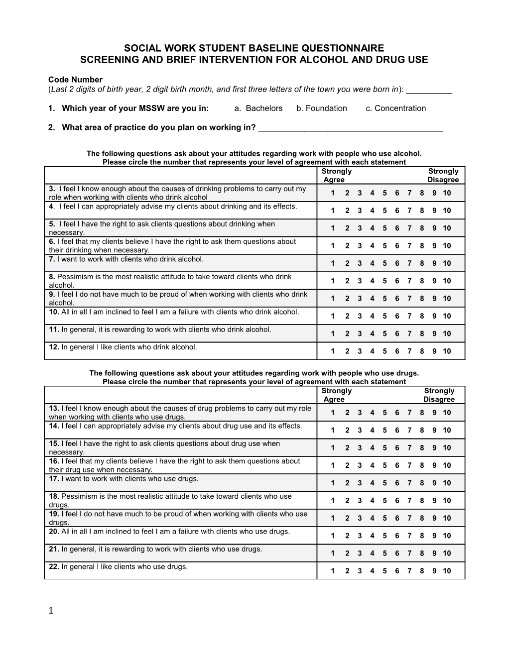 Social Work Student Baseline Questionnaire