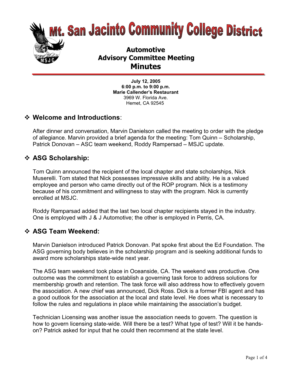 Auto Advisory Minutes 7-12-05