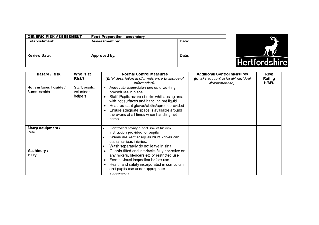 Food Preparation Secondary - GENERIC RISK ASSESSMENT