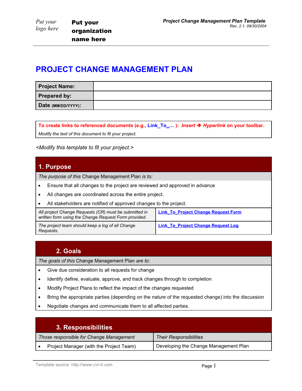 Project Change Management Plan Template
