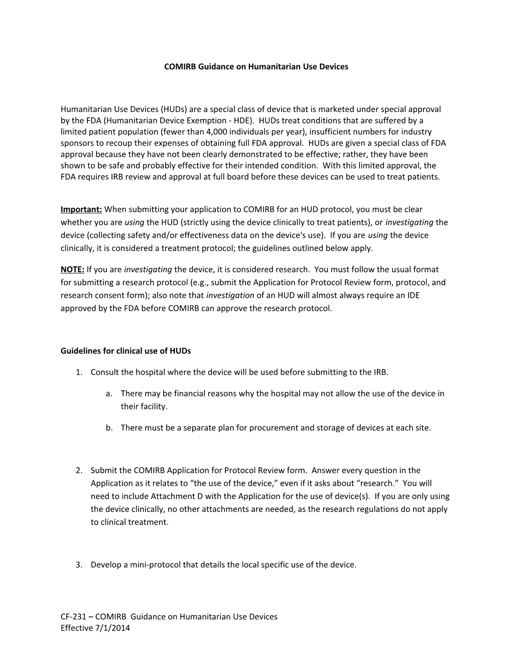 Humanitarian Use Devices (Huds) Guidance