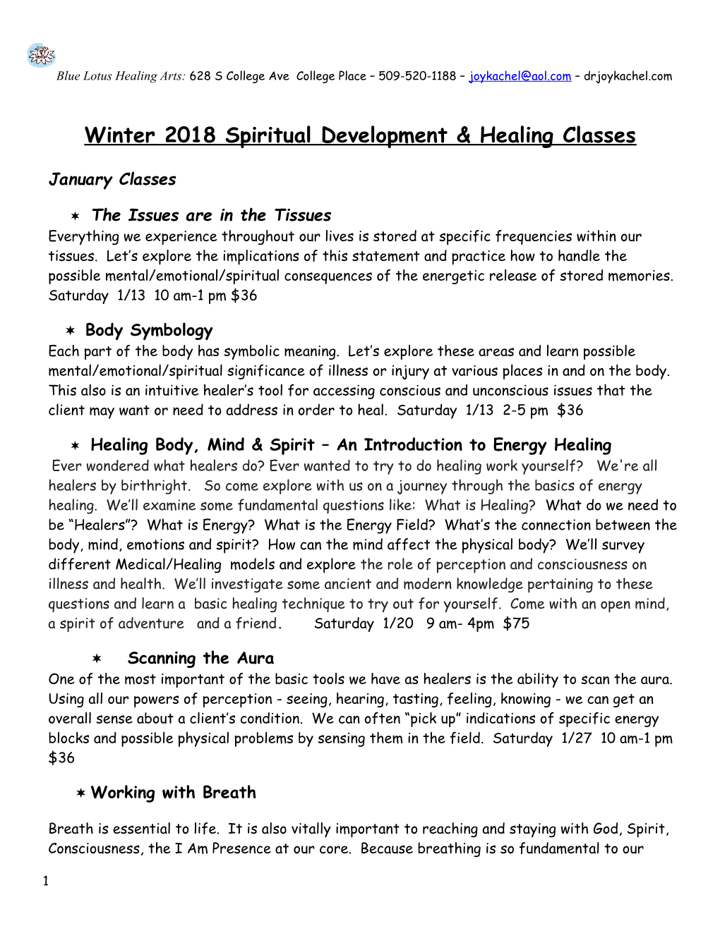 Winter 2018 Spiritual Development & Healing Classes