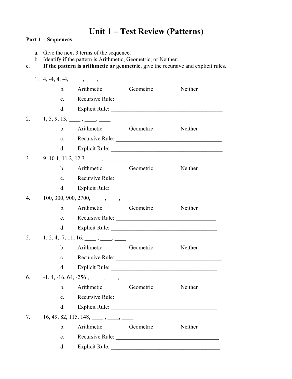 Unit1 Test Review (Patterns)