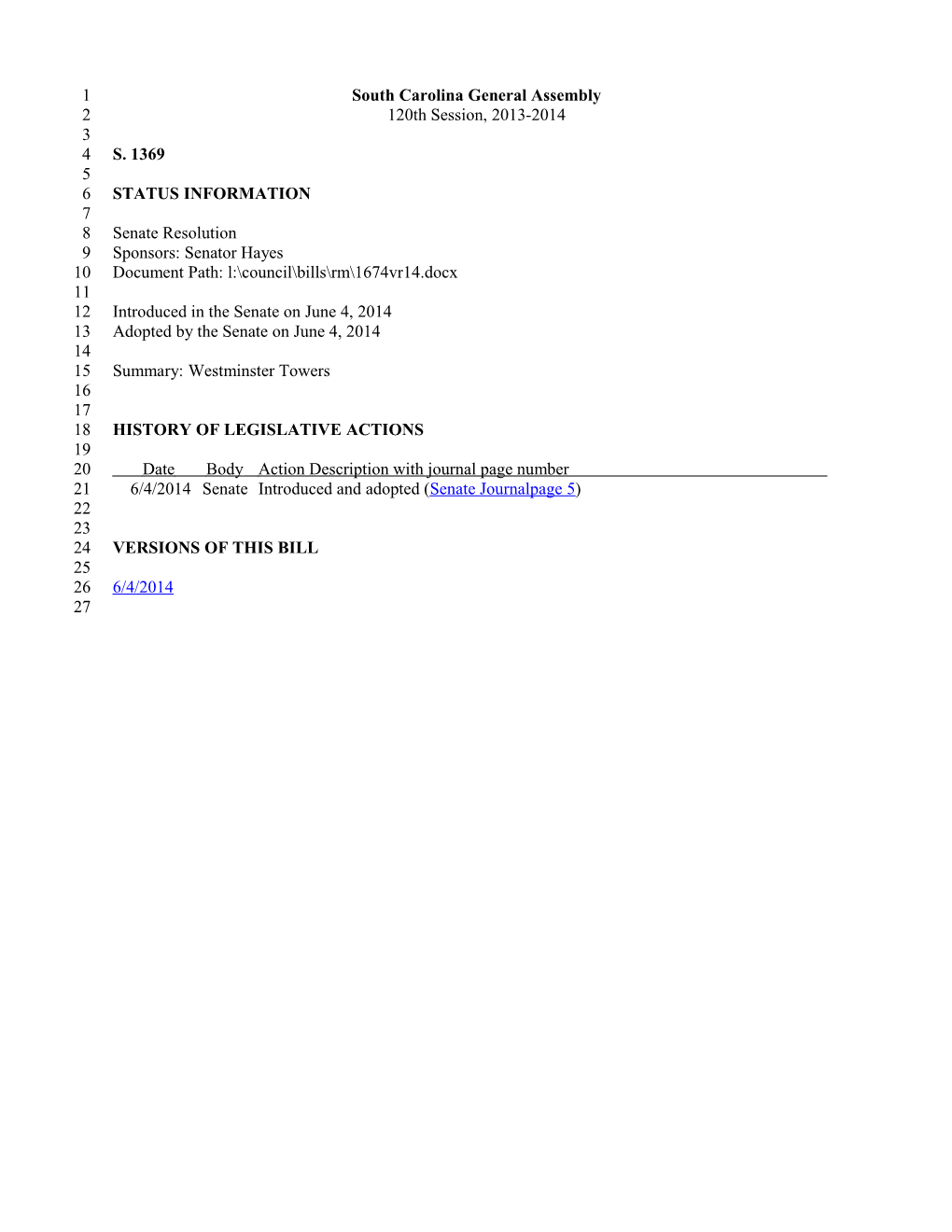 2013-2014 Bill 1369: Westminster Towers - South Carolina Legislature Online