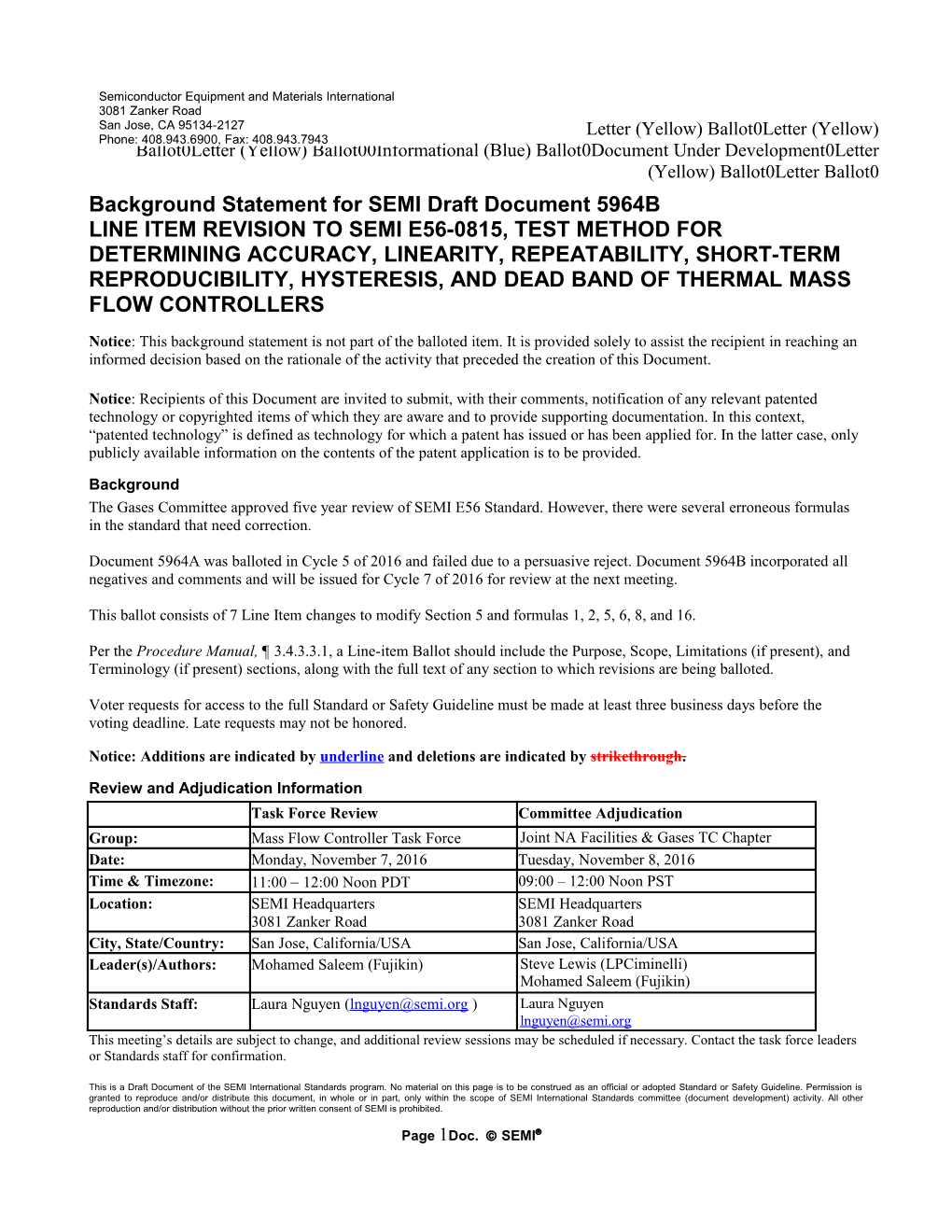 Background Statement for SEMI Draft Document 5964B