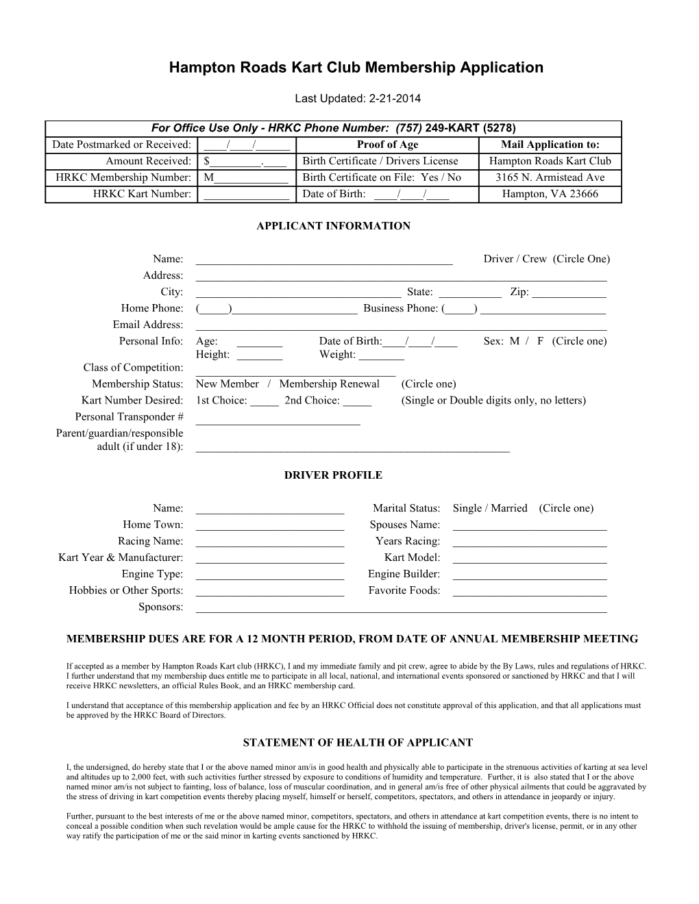 Hampton Roads Kart Club Membership Application