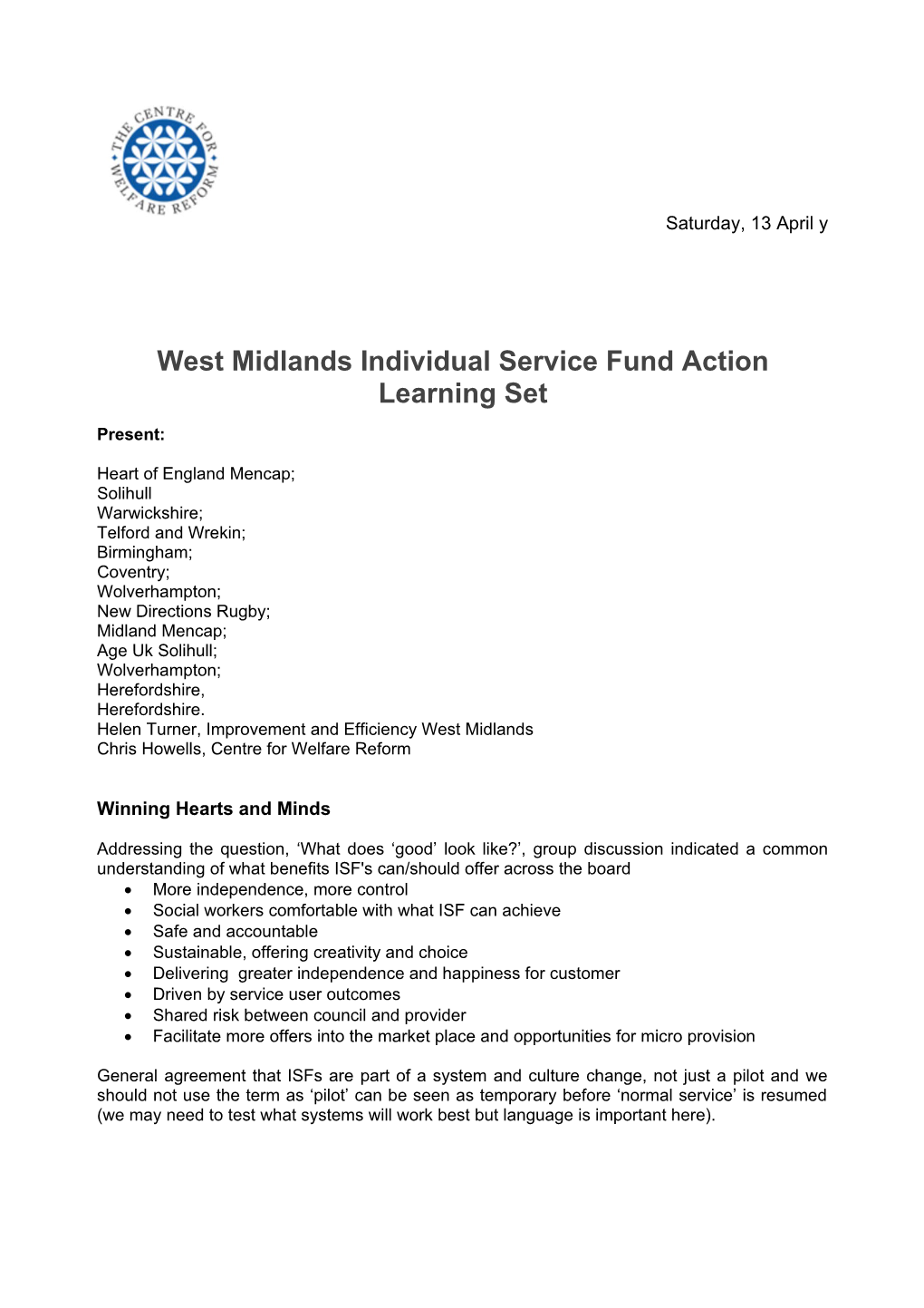 West Midlands Individual Service Fund Action Learning Set