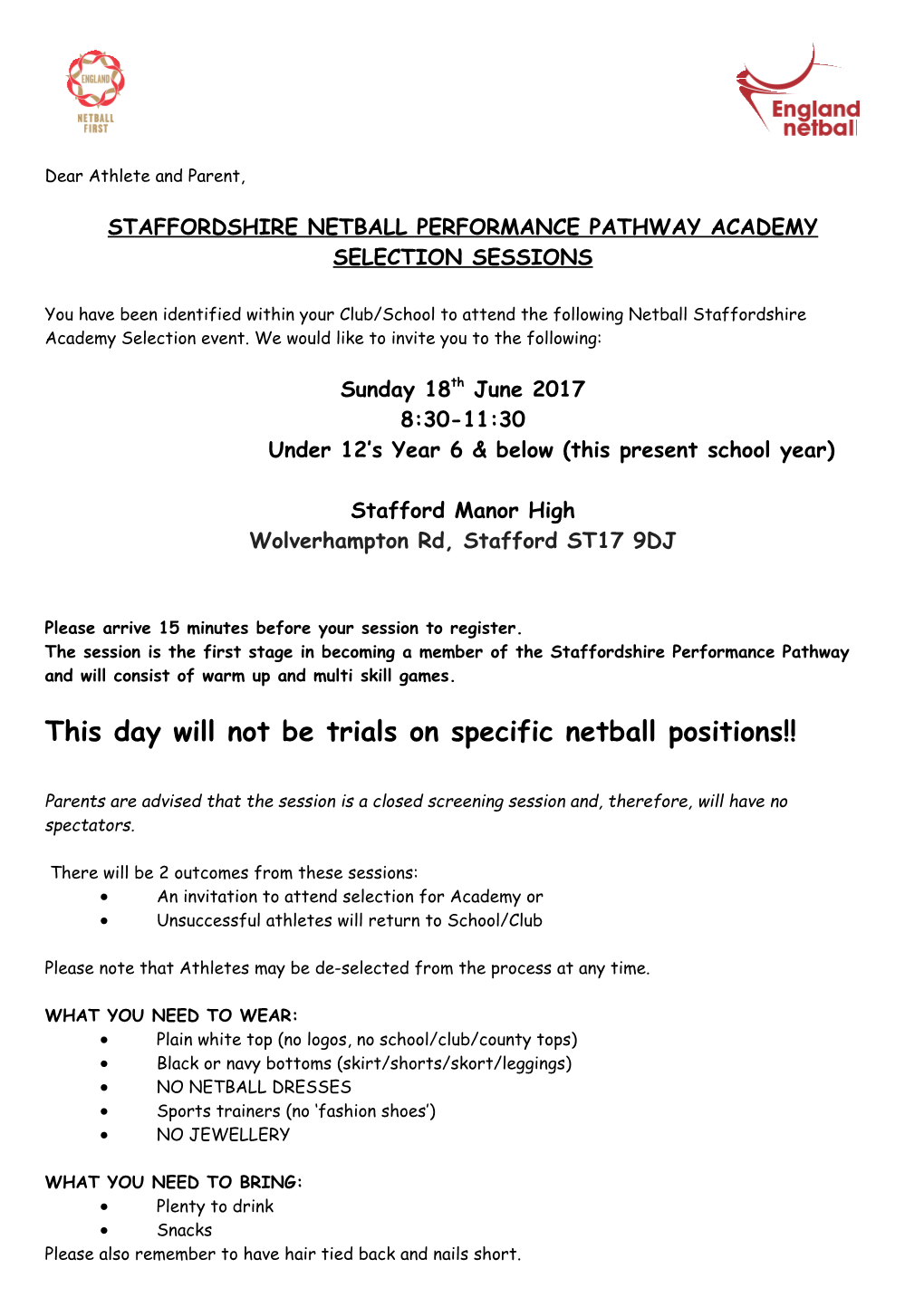 Staffordshire Netball Performance Pathway Academy Selection Sessions