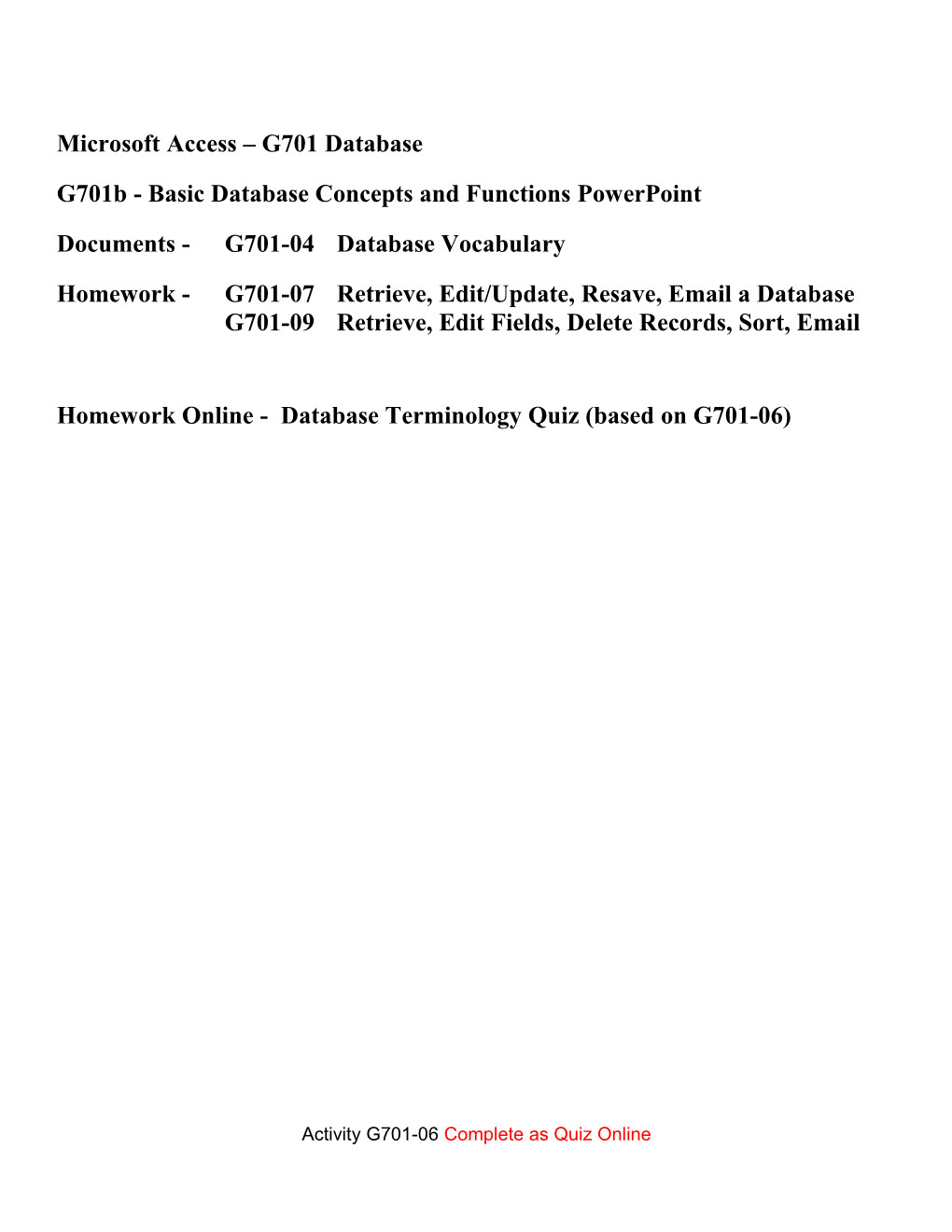 G701b - Basic Database Concepts and Functions Powerpoint