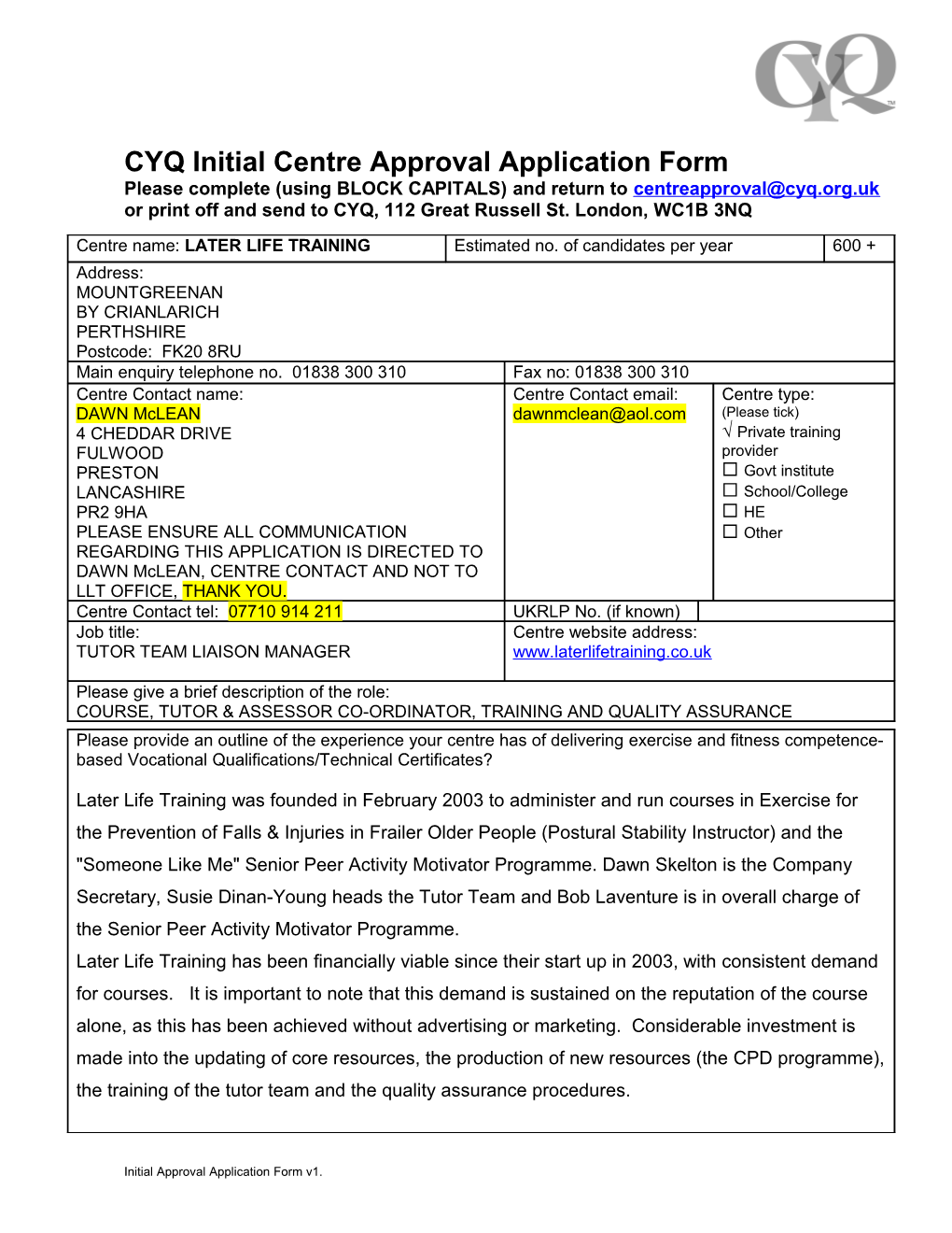 Initial Centre Approval Application Form