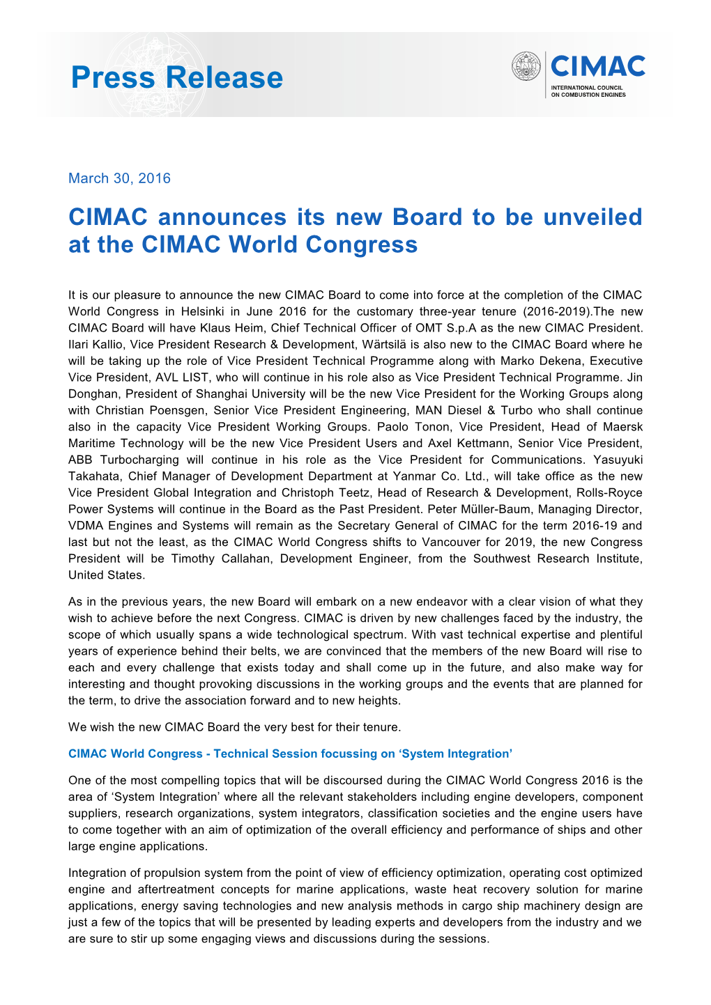 CIMAC Announces Its New Board to Be Unveiled at the CIMAC World Congress