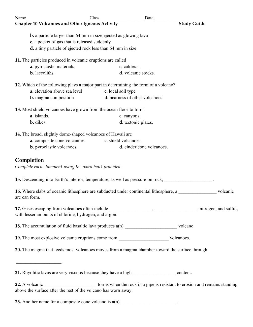 Chapter 10 Volcanoes and Other Igneous Activity Study Guide
