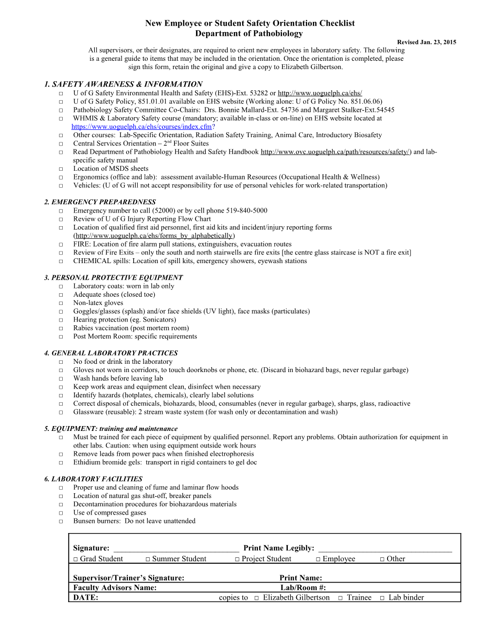 New Employee Or Student Safety Orientation Checklist