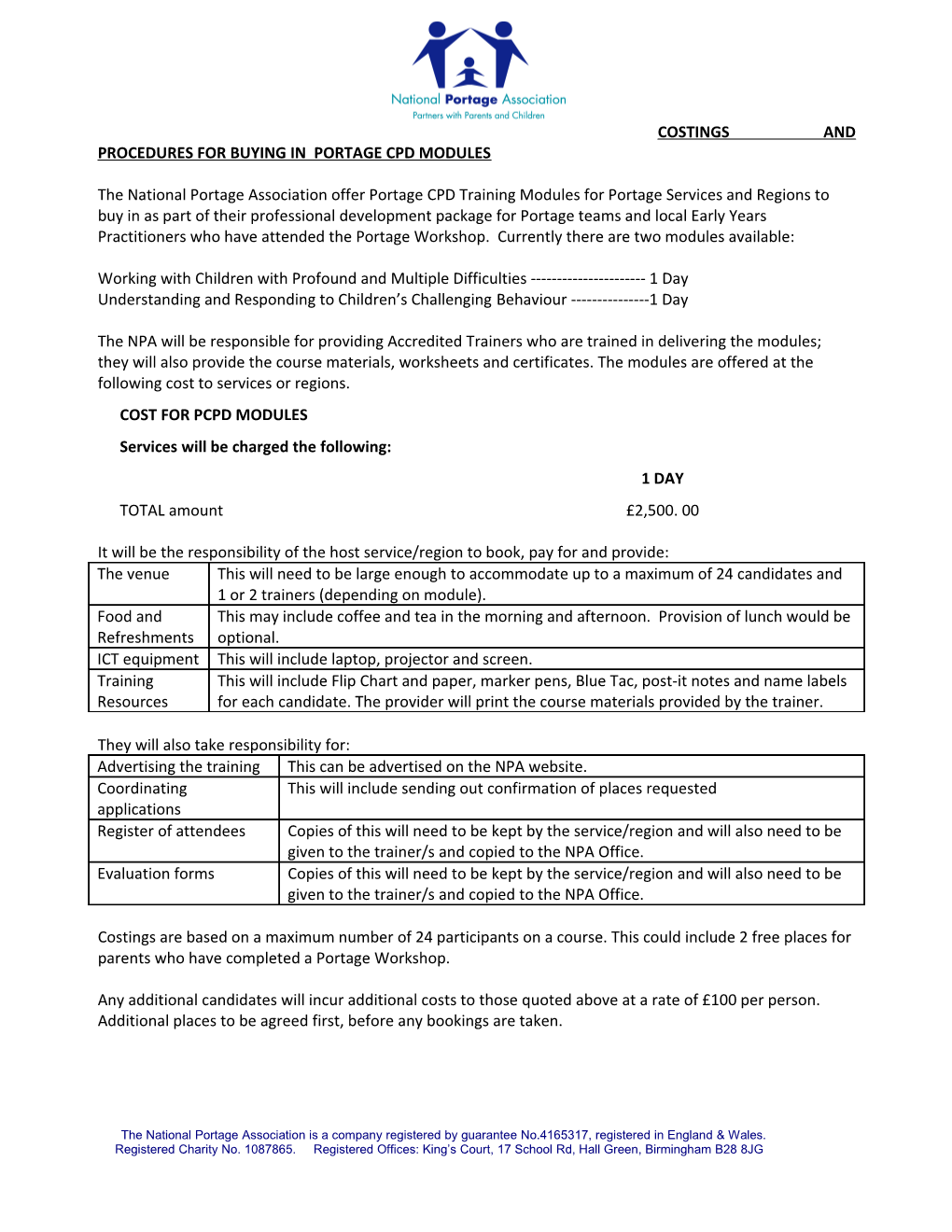 Costings and Procedures for Buying in Portage Cpd Modules