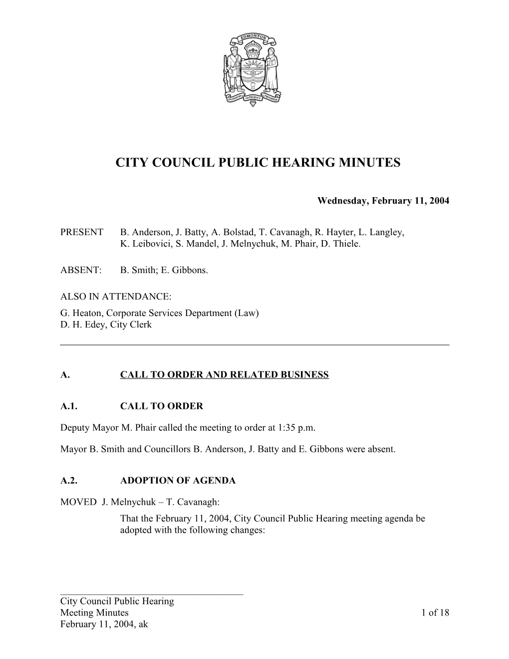 Minutes for City Council February 11, 2004 Meeting