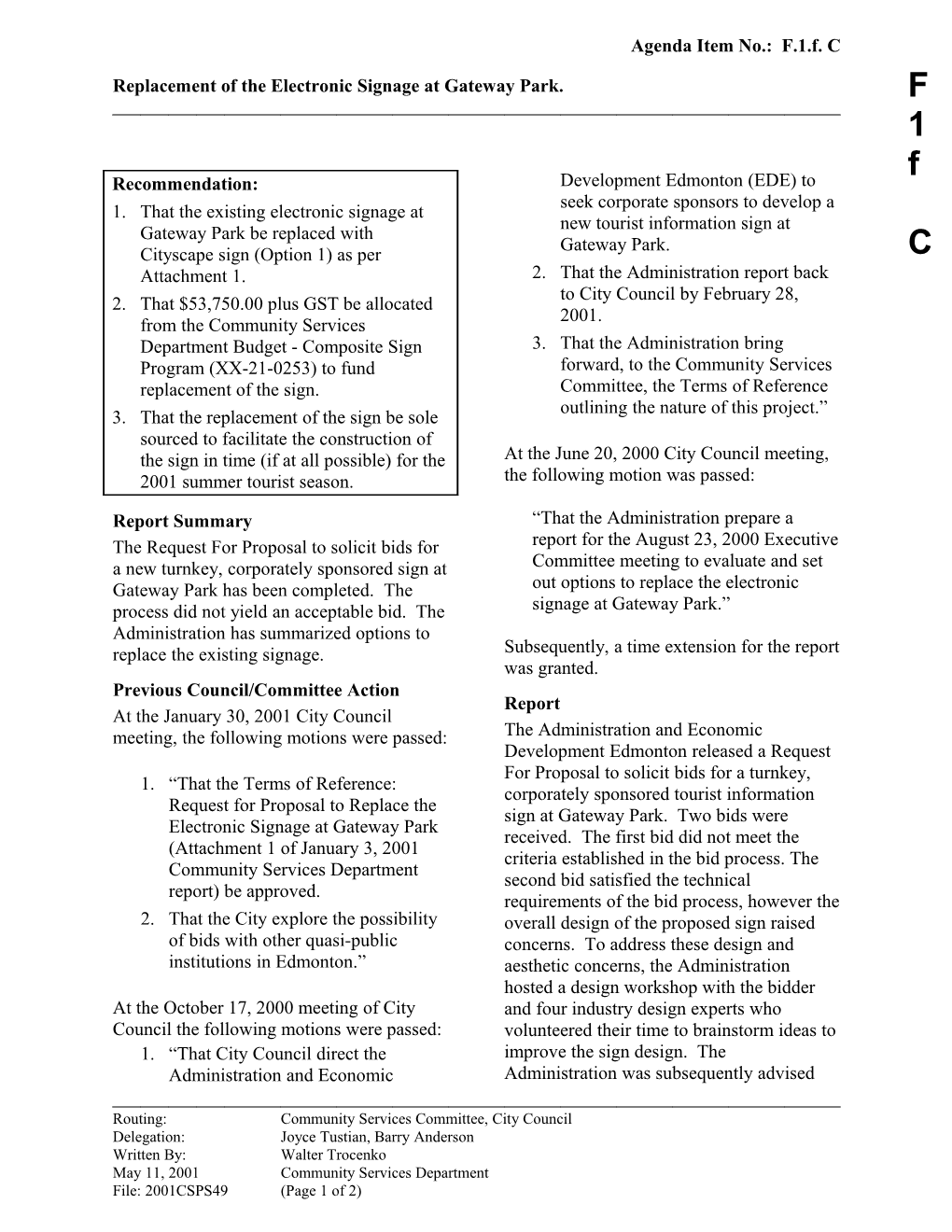 Report for Community Services Committee June 4, 2001 Meeting