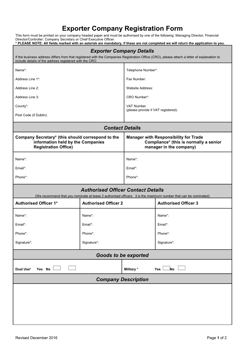 Exporter Company Registration Form