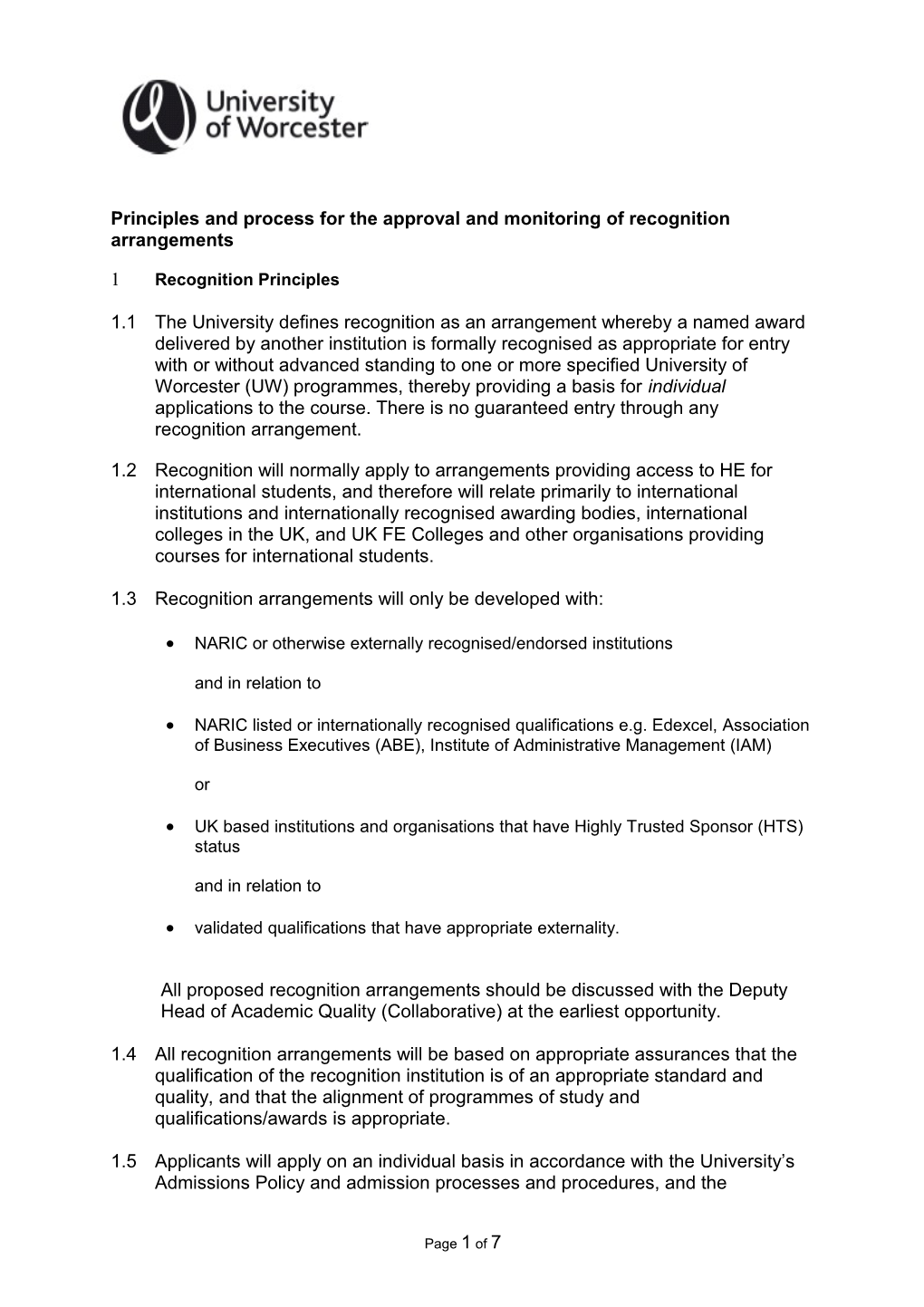 Principles and Process for the Approval and Monitoring of Recognition Arrangements