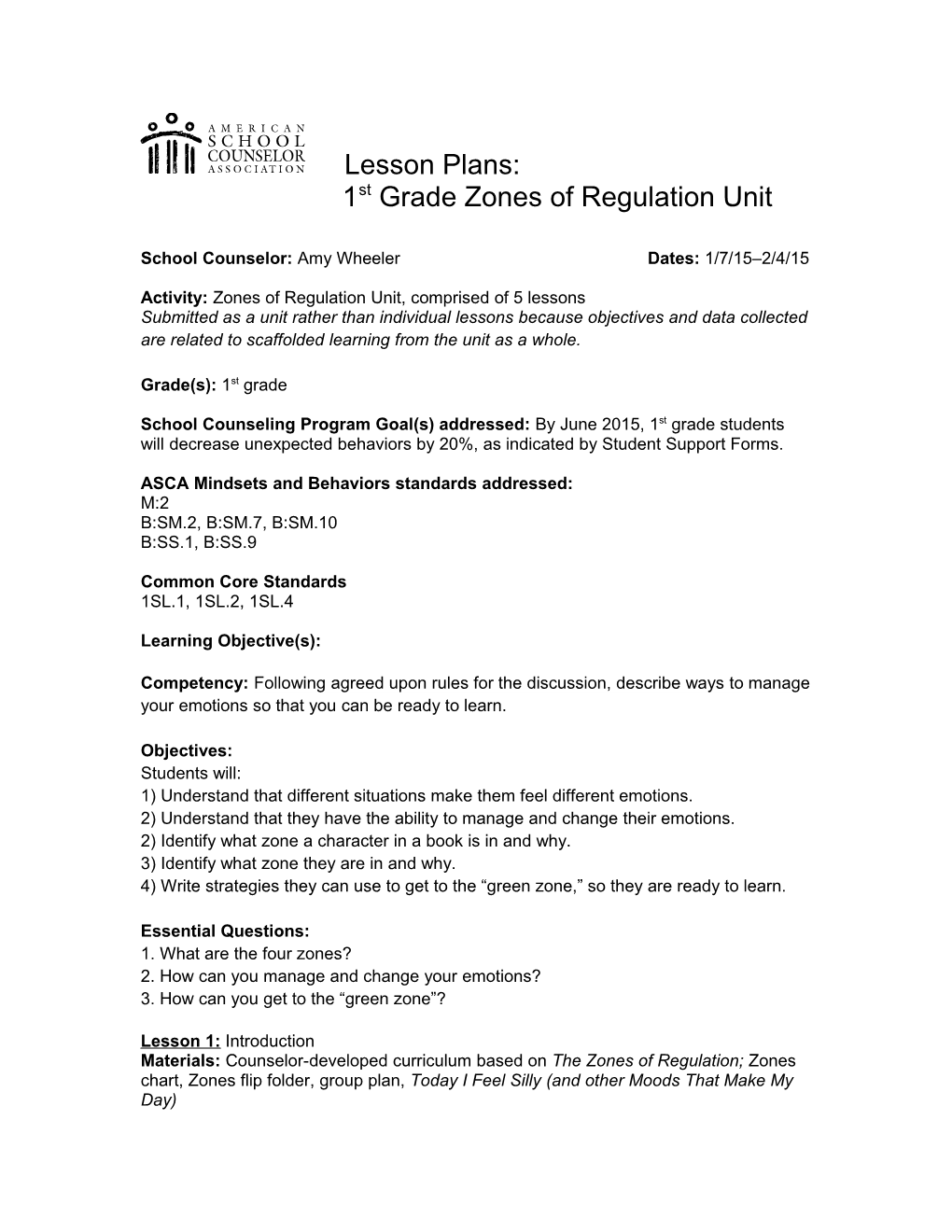 1St Grade Zones of Regulation Unit