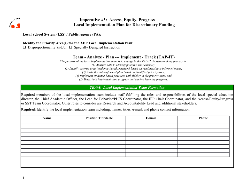 Local Implementation Plan for Discretionary Funding