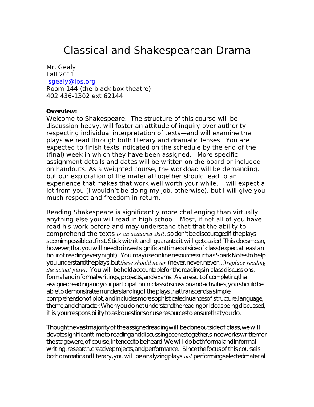 Classical and Shakespearean Drama