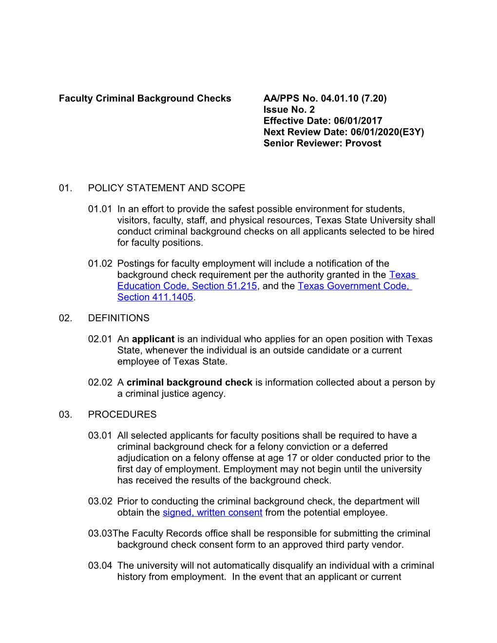 Faculty Criminal Background Checksaa/PPS No. 04.01.10 (7.20)