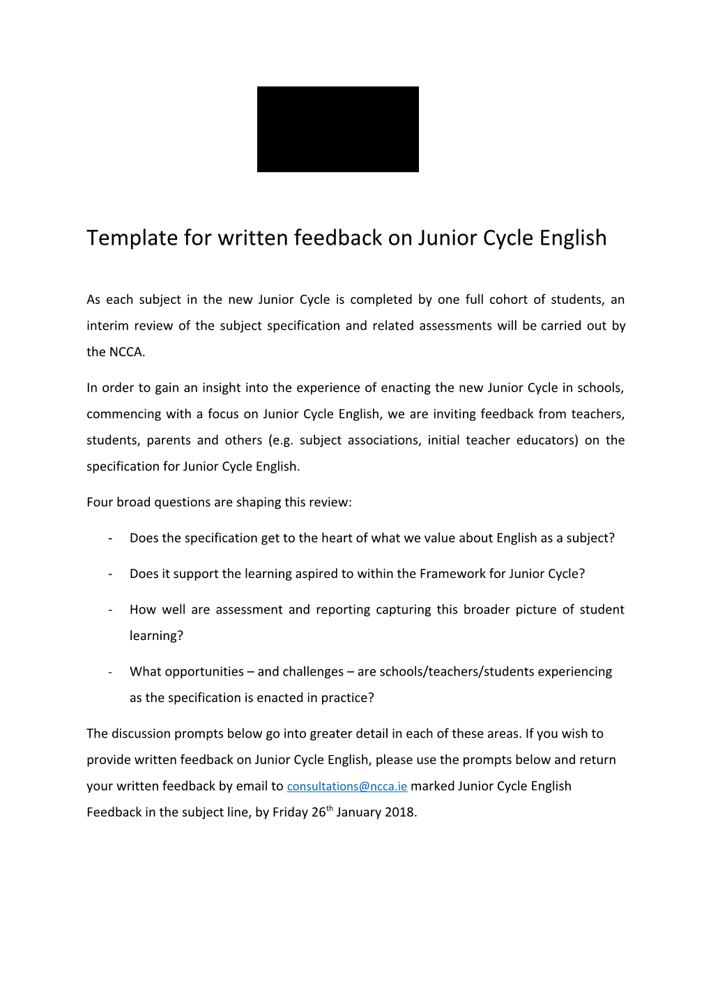 Template for Written Feedback on Junior Cycle English